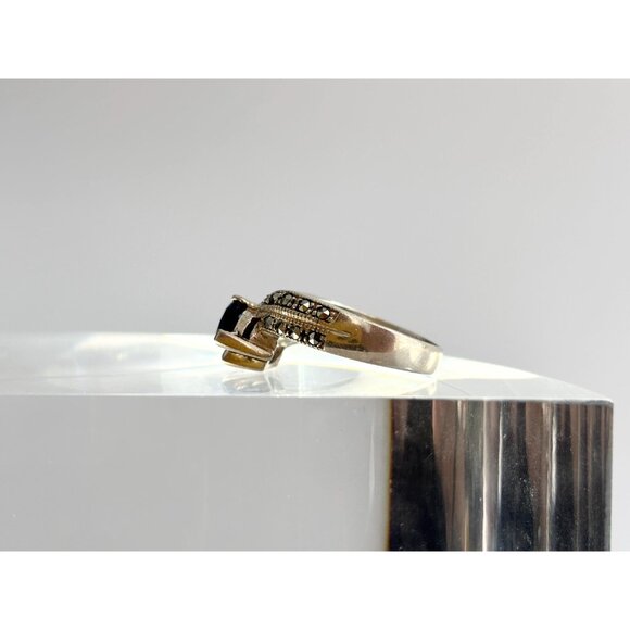 Blue Sapphire & Marcasite Accented 925 Sterling Silver Vintage Ring - sz 6.75 - Picture 5 of 13